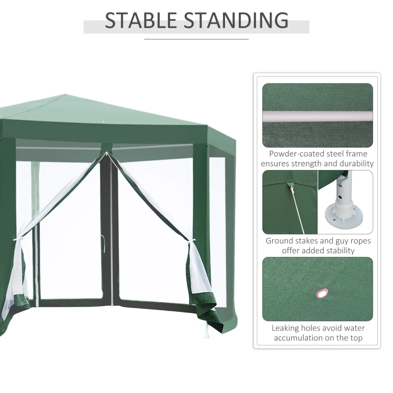 Outsunny 3.94 x 3.94m Outdoor Party Tent Hexagon Sun Shelter Canopy with Protective Mesh Screen Walls & Proper Sun Protection, Green