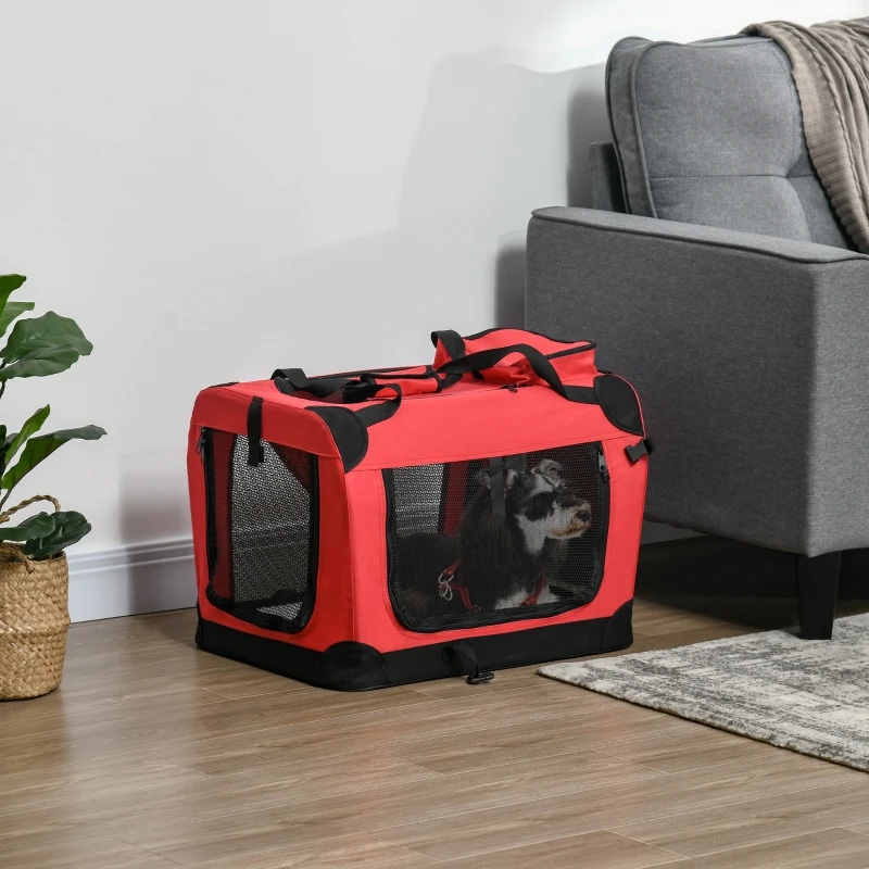 PawHut Foldable Pet Carrier for Small and Miniature Dogs, Portable Cat Carrier Soft Side Pet Travel Crate with Removable Mat, Storage Bags, Breathable Mesh Window 60 x 42 x 42cm - Red
