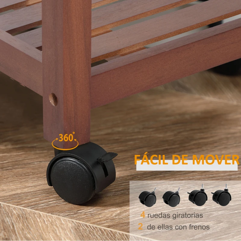 HOMCOM Carrito de Cocina Mesa Servicio Auxiliar Madera y Metal Cromado con 4 Ruedas 2 Cajones y Botellero