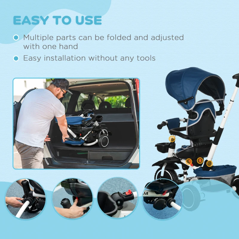 HOMCOM Multifunctional Kids Tricycle, with Rotatable Seat, Adjustable Push Handle - Blue