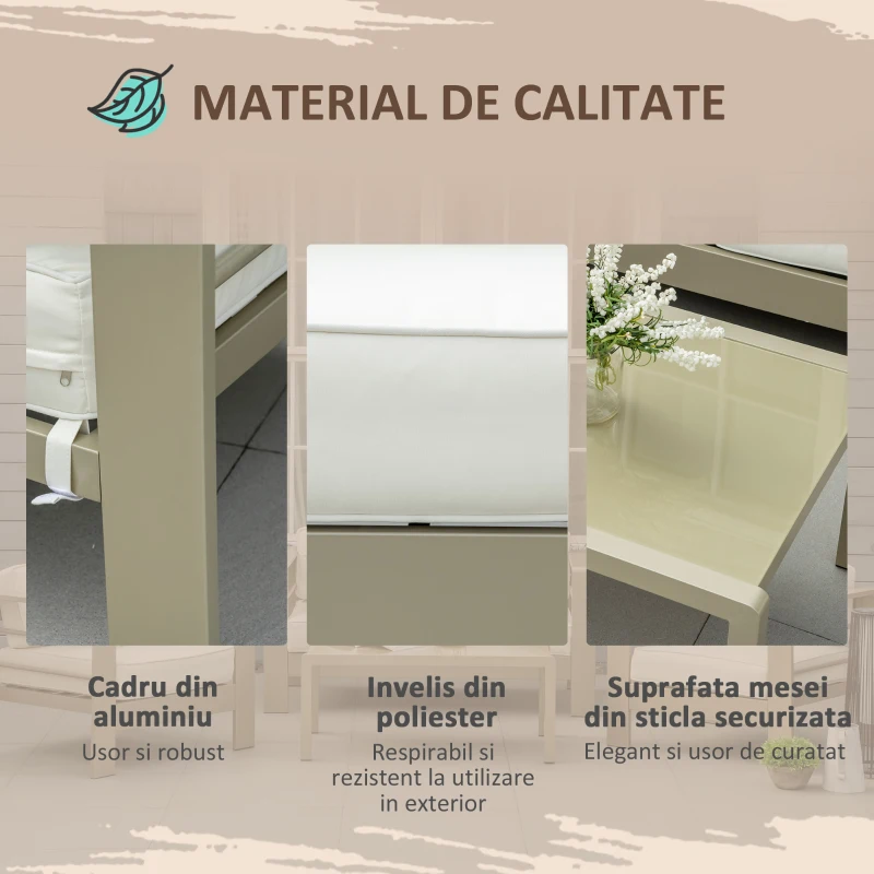 Outsunny Set de mobilier de gradina din 4 piese, cadru de aluminiu, mobilier de curte, cu sezut cu perne gros, 2 scaune si masa de sticla, Auriu șampanie