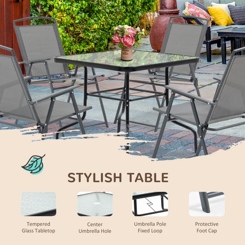 Outsunny Set Masa cu 4 Scaune de Gradina Pliabile si cu Orificiu pentru Umbrela, Negru