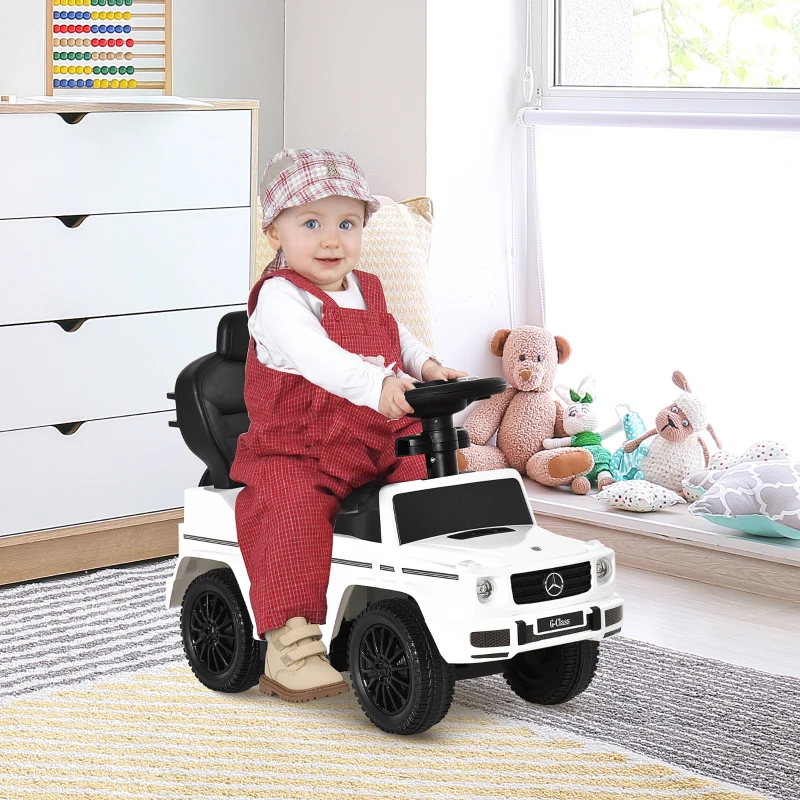 HOMCOM Mercedes Licențiat Mașină de împins pentru copii 12-36 luni, acoperiș și mâner de împins, 85.5x40.5x95 cm, alb