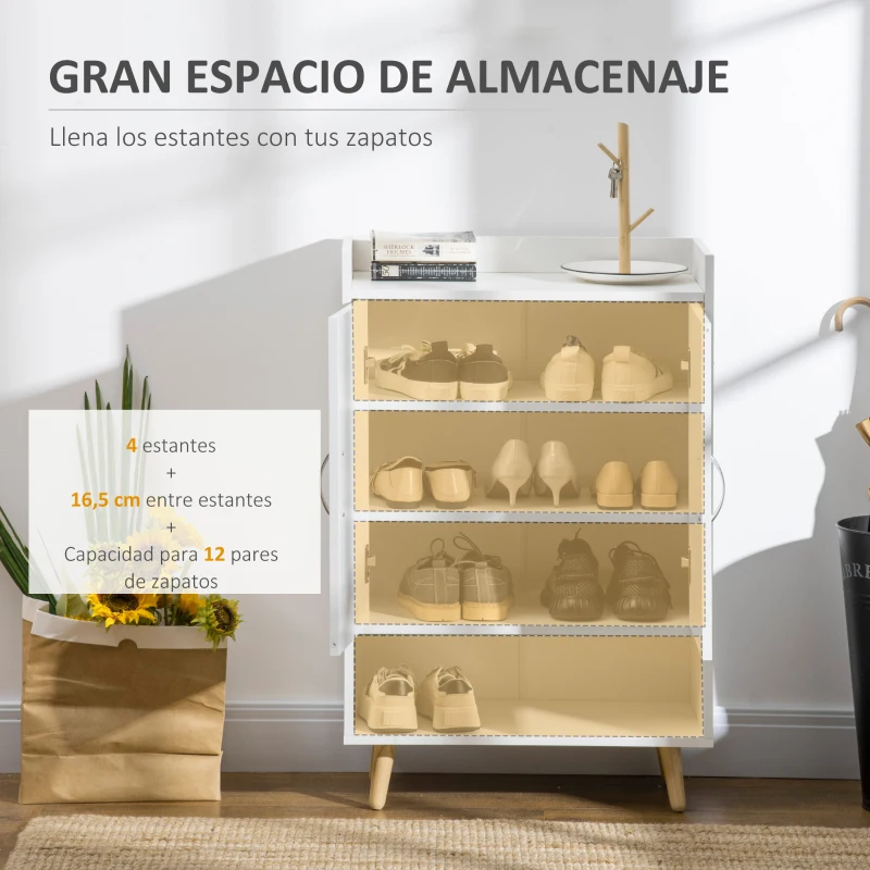 HOMCOM Armario Auxiliar para 12 Pares de Zapatos con 4 Estantes para Recibidor Salón Dormitorio 60x30x92 cm Blanco