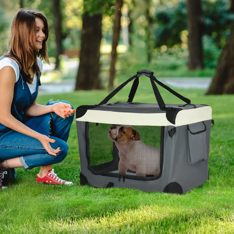 PawHut 70cm Foldable Pet Carrier, with Cushion, for Small Dogs and Cats - Grey