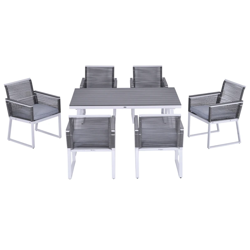 Outsunny 7 PCS Dining Set with 6 PE Rattan Cushioned Chairs & 1 Rectangle Table, Modern Outdoor Patio Furniture for Porch, Patio, Balcony, Indoor, Light Grey