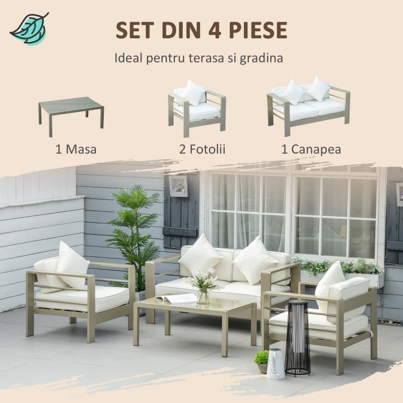 Outsunny Set de mobilier de gradina din 4 piese, cadru de aluminiu, mobilier de curte, cu sezut cu perne gros, 2 scaune si masa de sticla, Auriu șampanie
