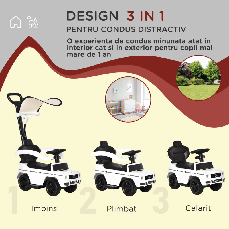 HOMCOM Mercedes Licențiat Mașină de împins pentru copii 12-36 luni, acoperiș și mâner de împins, 85.5x40.5x95 cm, alb