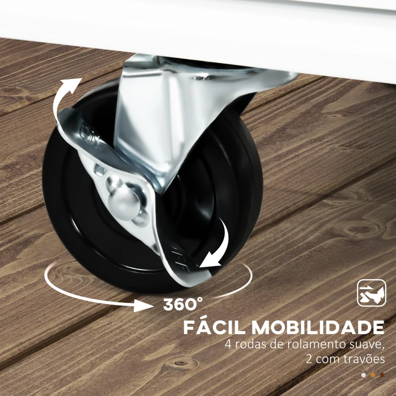 HOMCOM Carrinho de Cozinha com Rodas 2 Gavetas 3 Portas de Vidro Suporte para Panos e Temperos 124,5x39,5x90 cm Branco e Madeira