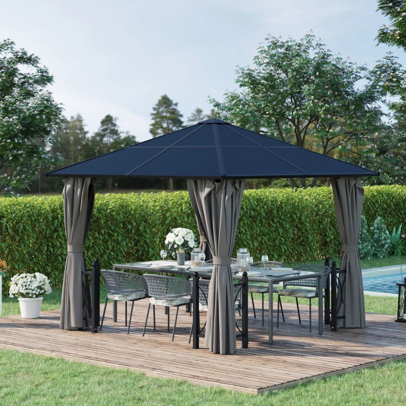 Outsunny 3 x 3m Hardtop Gazebo Canopy, Garden Pavilion with Polycarbonate Roof, Steel & Aluminium Frame, Mosquito Netting and Curtains, Black