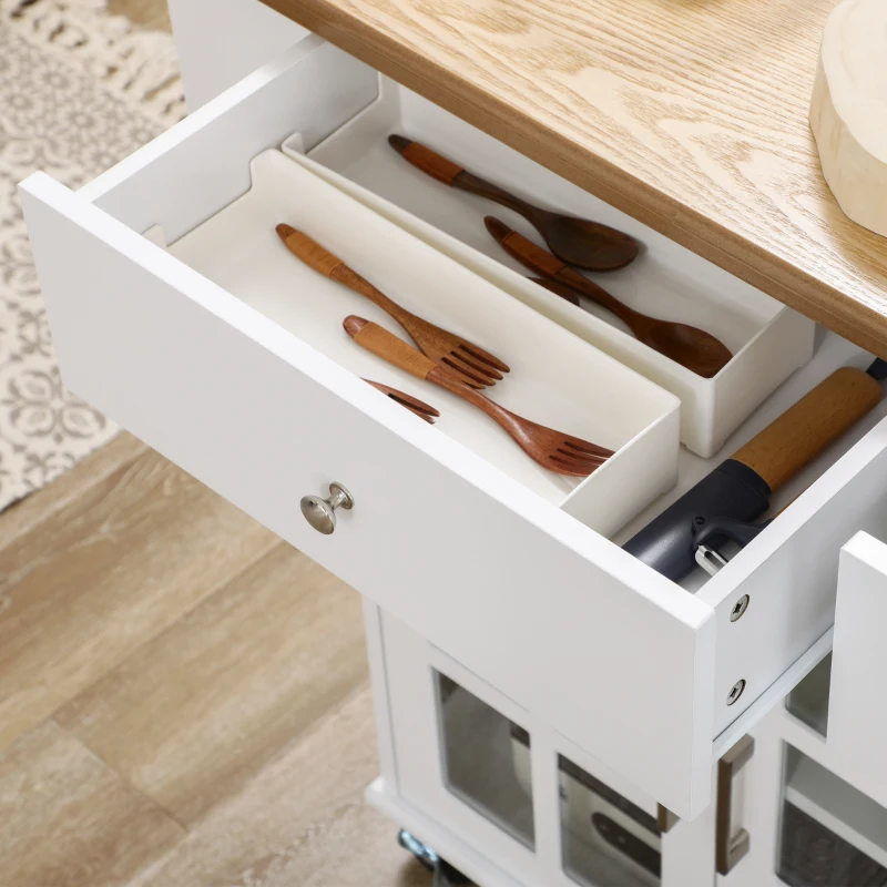 HOMCOM Carrinho de Cozinha com Rodas 2 Gavetas 3 Portas de Vidro Suporte para Panos e Temperos 124,5x39,5x90 cm Branco e Madeira