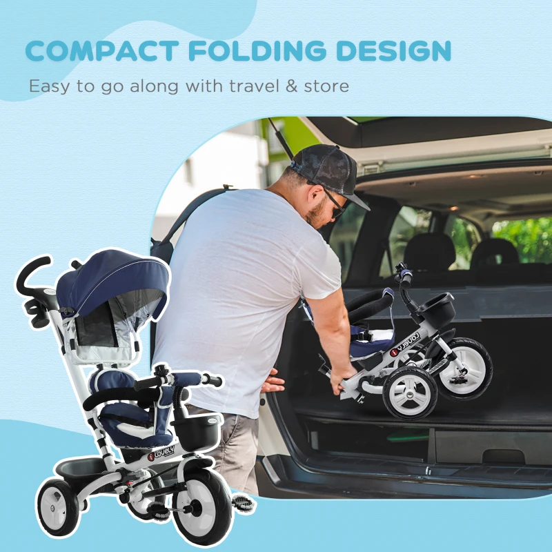HOMCOM 4 in 1 Tricycle for Kids Toddler Folding Trike with Parent Handle Reversible Seat Adjustable Handle Removable Canopy Safety Belt for 18 Months to 5 Years Blue