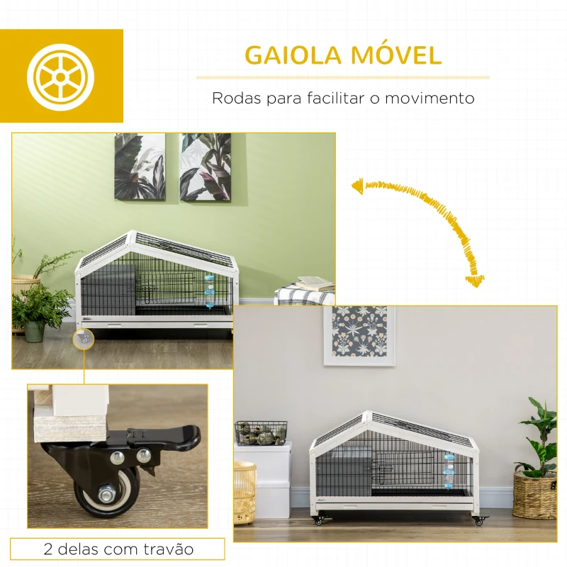 PawHut Coelheira de Madeira com Rodas Gaiola para Coelhos com Bandeja Amovível e Bebedouro 90x53x55 cm Cinza Escuro