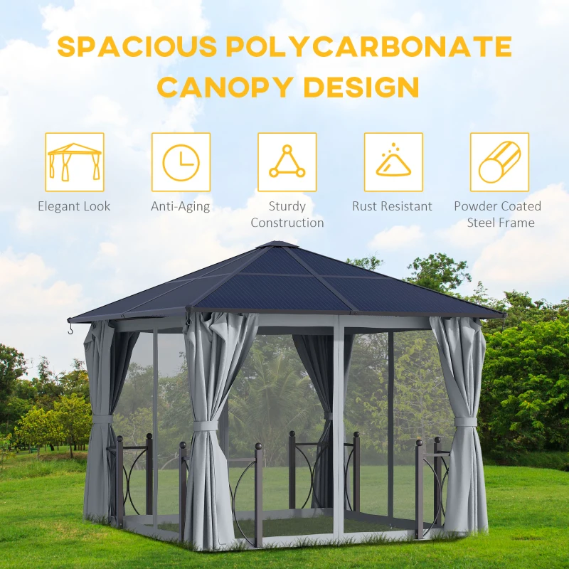 Outsunny 3 x 3m Hardtop Gazebo Canopy, Garden Pavilion with Polycarbonate Roof, Steel & Aluminium Frame, Mosquito Netting and Curtains, Black