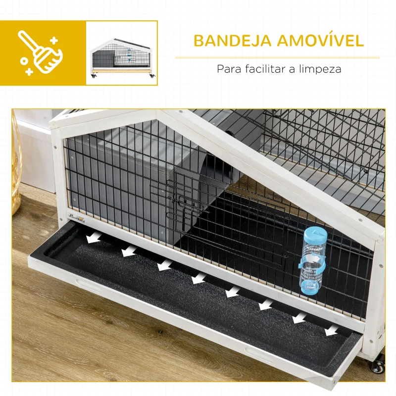PawHut Coelheira de Madeira com Rodas Gaiola para Coelhos com Bandeja Amovível e Bebedouro 90x53x55 cm Cinza Escuro