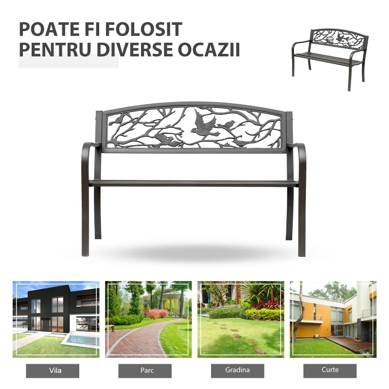 Outsunny Banca de Exterior din Otel si Fonta cu Spatar cu Decoratiuni 127x60cm Maro
