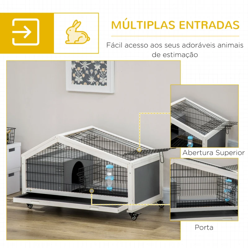 PawHut Coelheira de Madeira com Rodas Gaiola para Coelhos com Bandeja Amovível e Bebedouro 90x53x55 cm Cinza Escuro