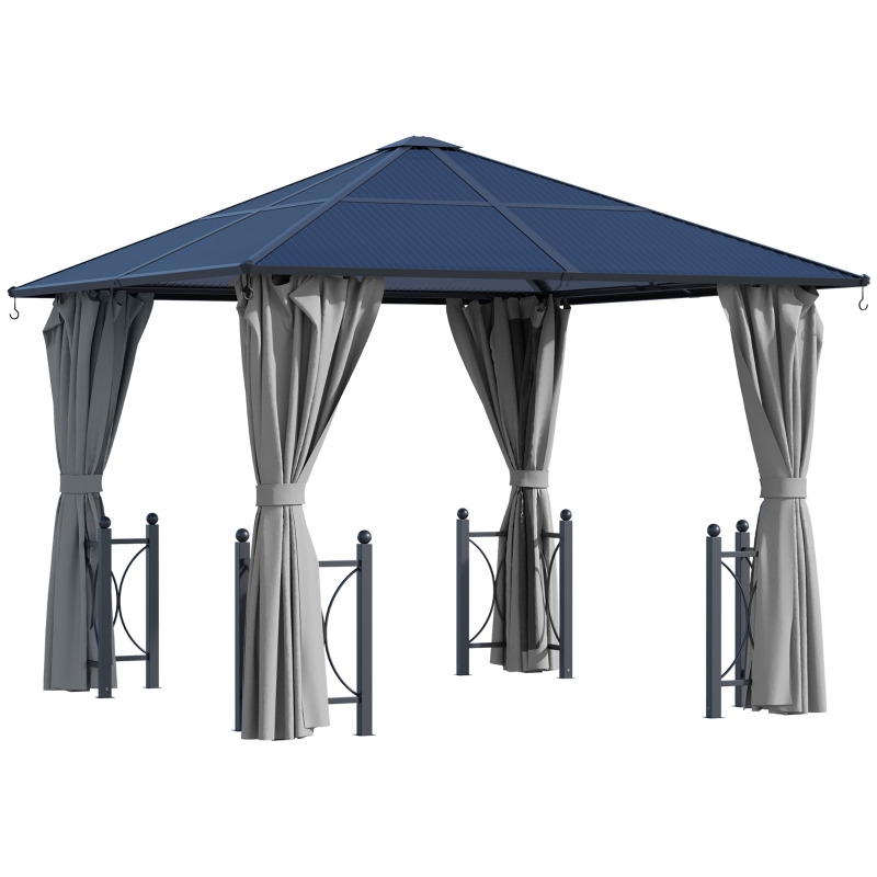 Outsunny 3 x 3m Hardtop Gazebo Canopy, Garden Pavilion with Polycarbonate Roof, Steel & Aluminium Frame, Mosquito Netting and Curtains, Black