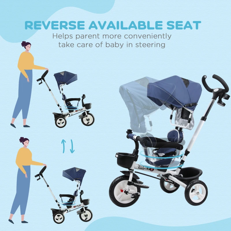 HOMCOM 4 in 1 Tricycle for Kids Toddler Folding Trike with Parent Handle Reversible Seat Adjustable Handle Removable Canopy Safety Belt for 18 Months to 5 Years Blue
