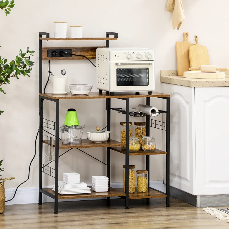 HOMCOM Estante de Cozinha com Ficha 2 Carregadores Prateleira Ajustável USB 5 Gancho em S e Cesta Amovível 90x42x130 cm Marrom Rústico