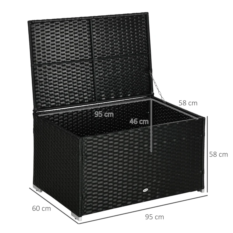 Outsunny Cufar pentru Gradina din Ratan si Otel, Lada pentru Exterior cu Capac 95x60x58cm, Negru