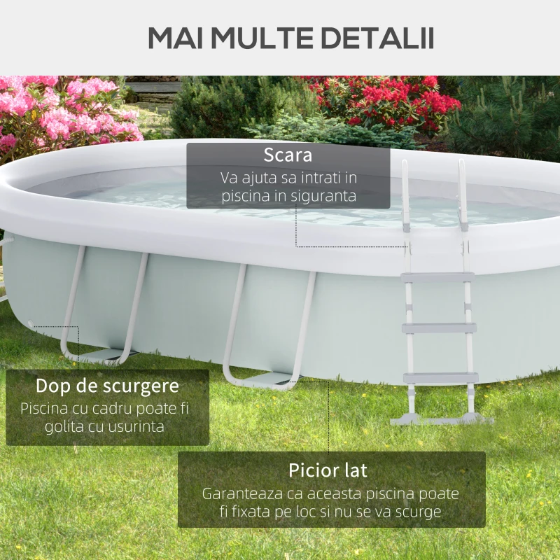 Outsunny Piscina Supraterana de Inot, Piscina cu Cadru din Otel Dreptunghiulara Negonflabila, cu Pompa de Filtrare, Scara de Siguranta pentru 1-8 Persoane, Gri