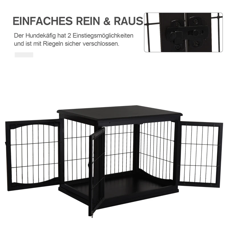 PawHut Transportbox für Hunde 58,5 cm x 81 cm x 66 cm Türen, MDF-Holz Eisen, 58, 5 cm x 81 cm x 66 cm, Schwarz