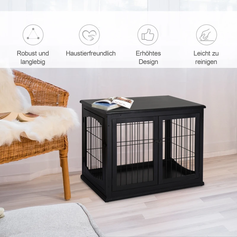 PawHut Transportbox für Hunde 58,5 cm x 81 cm x 66 cm Türen, MDF-Holz Eisen, 58, 5 cm x 81 cm x 66 cm, Schwarz