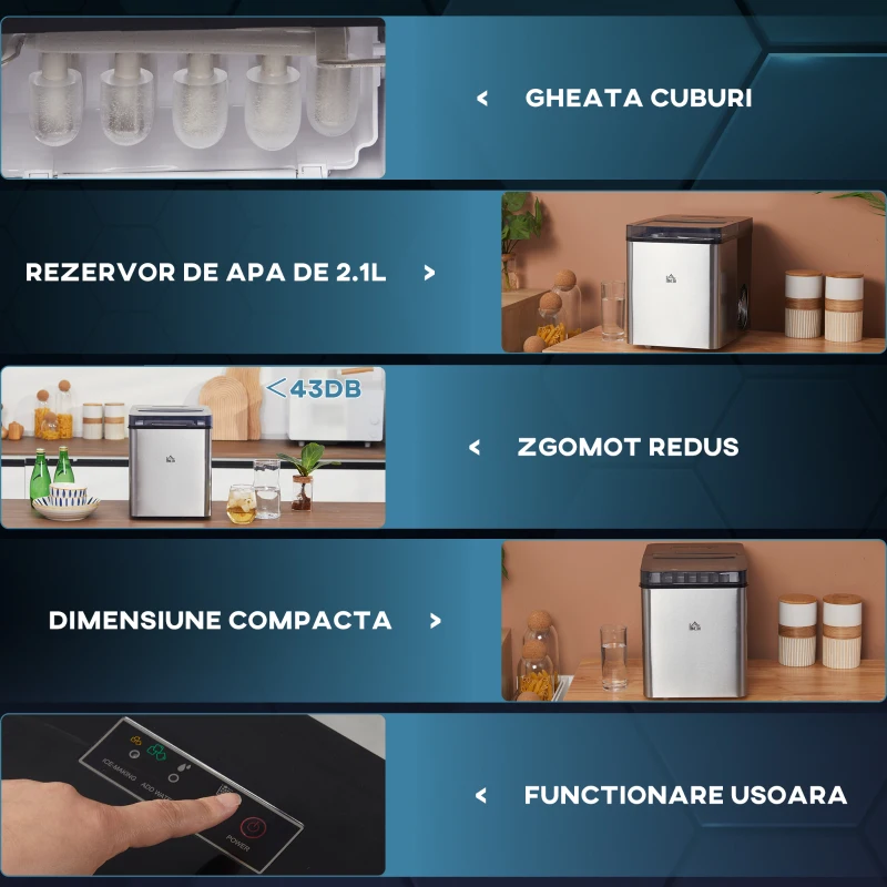 HOMCOM Masina de facut gheata , aparat de cuburi de gheata de blat cu autocuratare pentru casa cu 2 dimensiuni de uburi de gheata tip glont, 15 kg in 24 de ore cu rezervor de apa de 2, Negru
