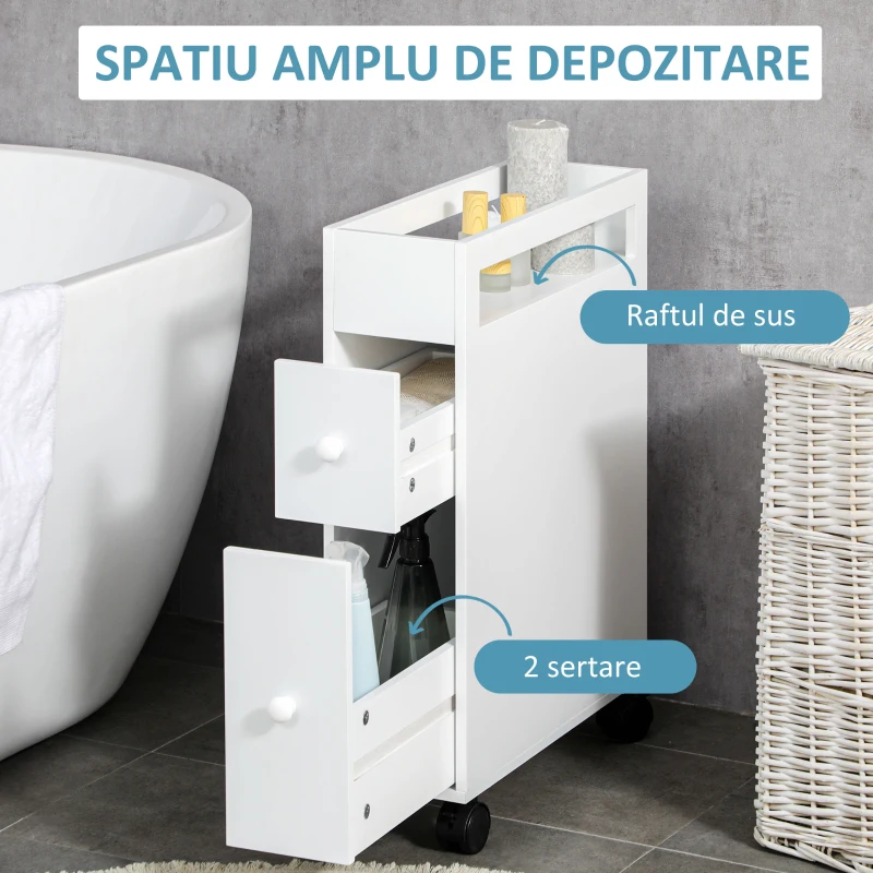 kleankin Dulap de baie subtire cu 4 roti rulante, dulap de depozitare de sine statator cu 2 sertare si raft deschis, suport pentru hartie igienica pentru spatiu mic, alb(m-4)
