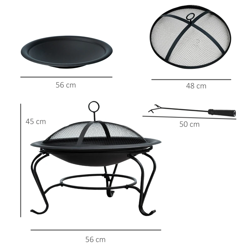 Outsunny Outdoor Metal Round Fire Pit with Poker Handle Φ56cm Wood Burning Heater with Mesh Cover for Camping Black
