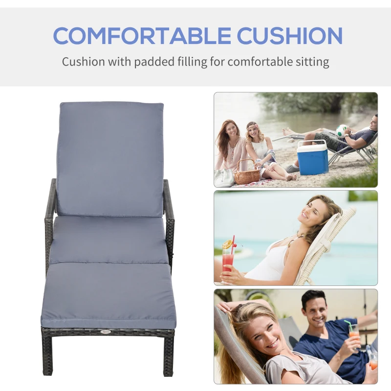 Outsunny Rattan Sun Lounger Outdoor Garden Furniture with 5-Level Adjustable Backrest 2 Wheels Mixed Brown/Grey