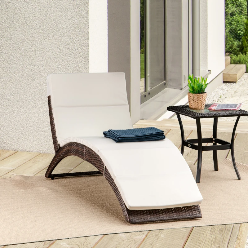 Outsunny Outdoor Foldable PE Rattan Sun Lounger with Soft Padded Cushion, Ergonomic Curved Design Sun Bed for Balcony, Garden, Brown