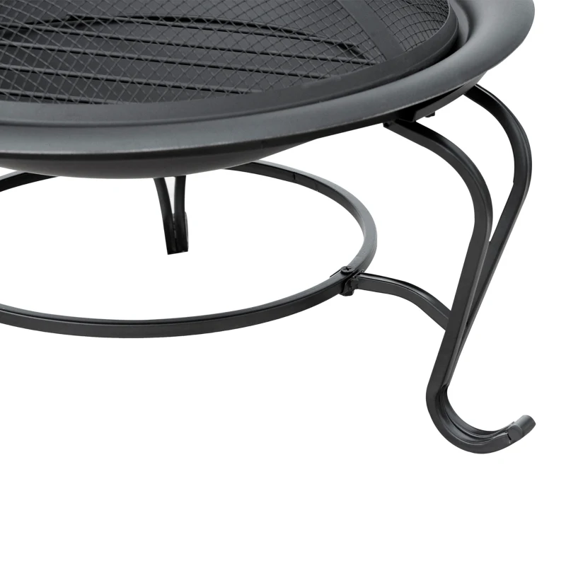 Outsunny Outdoor Metal Round Fire Pit with Poker Handle Φ56cm Wood Burning Heater with Mesh Cover for Camping Black