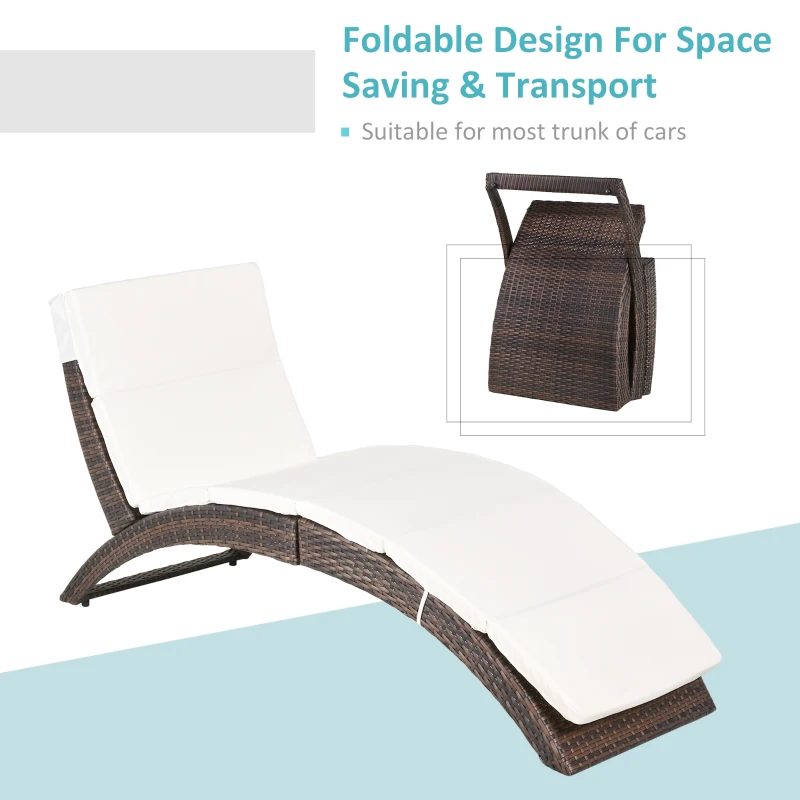 Outsunny Outdoor Foldable PE Rattan Sun Lounger with Soft Padded Cushion, Ergonomic Curved Design Sun Bed for Balcony, Garden, Brown