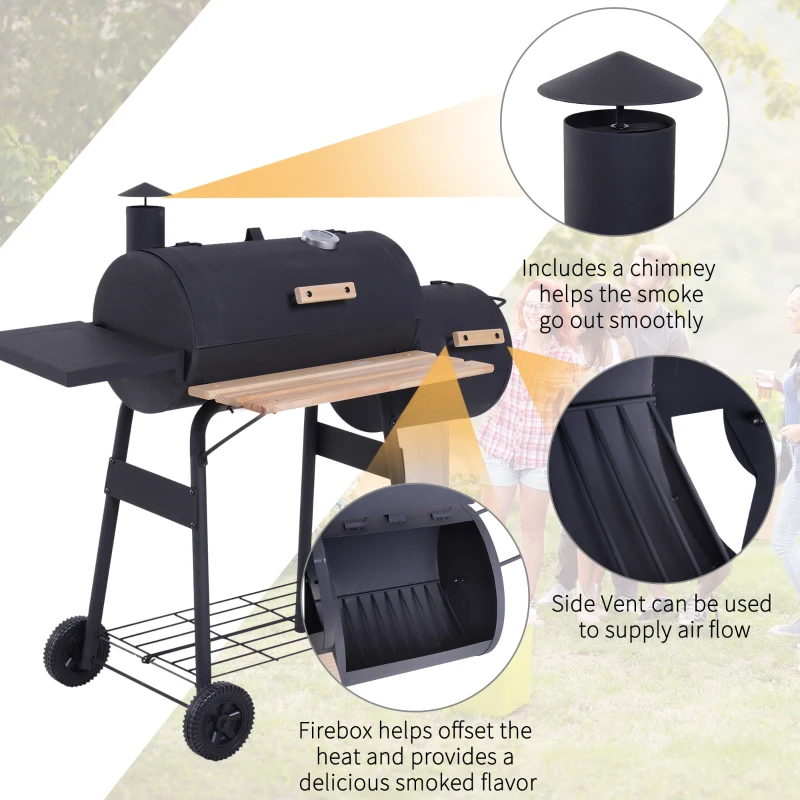 Outsunny Portable Charcoal BBQ Grill, Cold-rolled Steel, Solid Wood, 124Lx53Wx108H cm-Black