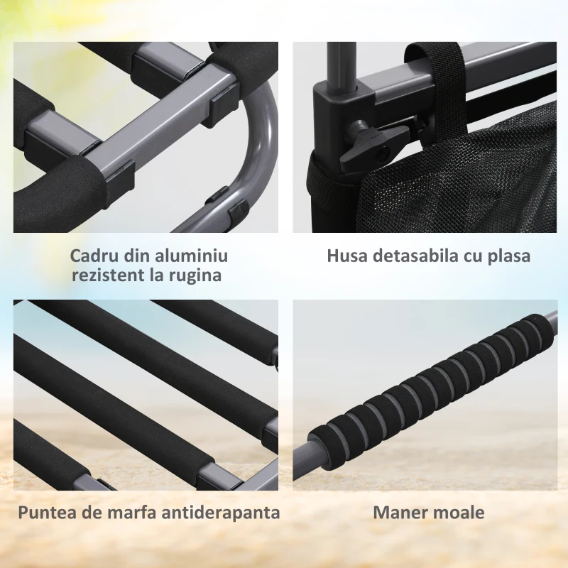 SPORTNOW Carucior de plaja pliabil, carucior de plaja din aluminiu cu roti mari de 30 cm pentru orice teren si maner telescopic, utilizare in gradina pentru cumparaturi in camping