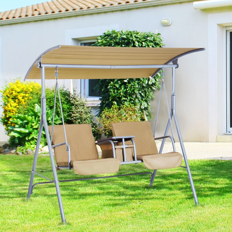 Outsunny Outdoor Double Swing Chair Sun Shade Heavy Duty Cushioned Adjustable Canopy - Beige