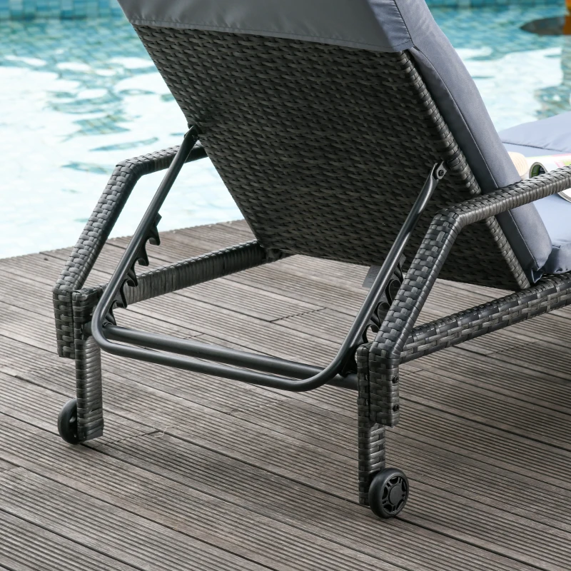 Outsunny Rattan Sun Lounger Outdoor Garden Furniture with 5-Level Adjustable Backrest 2 Wheels Mixed Brown/Grey