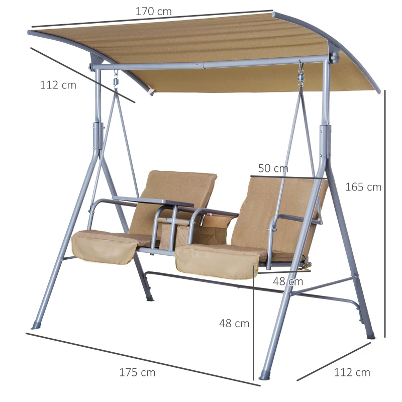 Outsunny Outdoor Double Swing Chair Sun Shade Heavy Duty Cushioned Adjustable Canopy - Beige