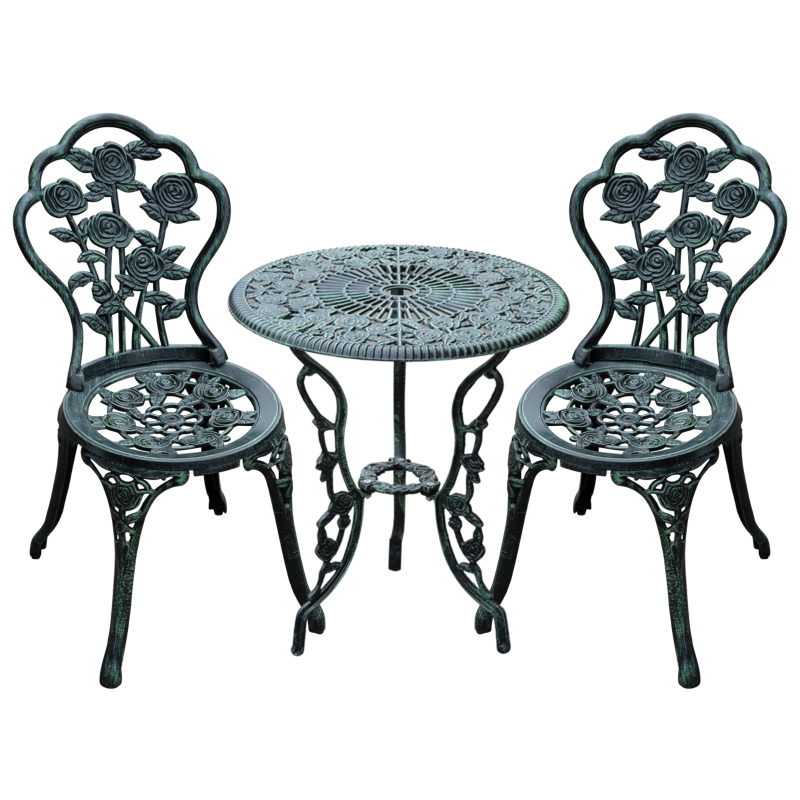 Outsunny 3-Piece Outdoor Garden Bistro Set, Cast Aluminium Antique Floral Print Coffee Table and Two Single Seat with Umbrella Hole, Green
