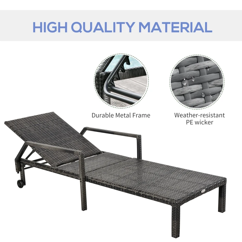 Outsunny Rattan Sun Lounger Outdoor Garden Furniture with 5-Level Adjustable Backrest 2 Wheels Mixed Brown/Grey
