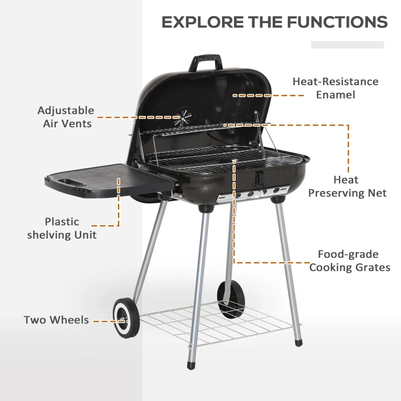 Outsunny Outdoor Portable Steel Charcoal Grill with Anti-scaling Handle, Wheels,Shelves Heat Control for Outdoor BBQ Picnic Camping Black