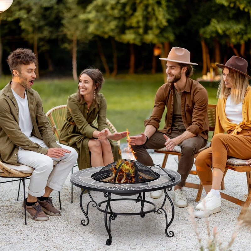 Outsunny Multifunctional 3-in-1 Round Fire Pit 80Lx80Wx41Hcm   with BBQ Grill Fire Poke Patio Firepit Heater Bowl for Backyard Bonfire