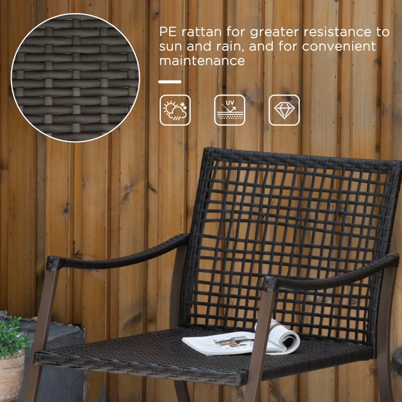 Outsunny 3 Pieces Outdoor PE Rattan Garden Rocking Chair Set w/ Soft Cushion, Rocking Bistro Set with Glass Top Round Coffee Table, Pillow, Brown