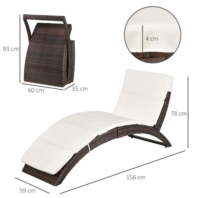 Outsunny Outdoor Foldable PE Rattan Sun Lounger with Soft Padded Cushion, Ergonomic Curved Design Sun Bed for Balcony, Garden, Brown