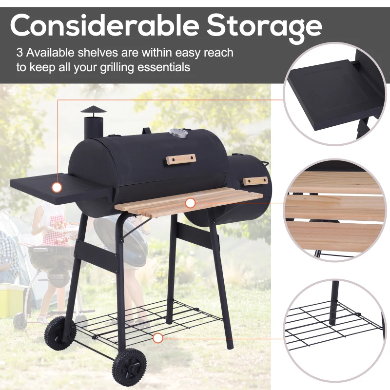 Outsunny Portable Charcoal BBQ Grill, Cold-rolled Steel, Solid Wood, 124Lx53Wx108H cm-Black