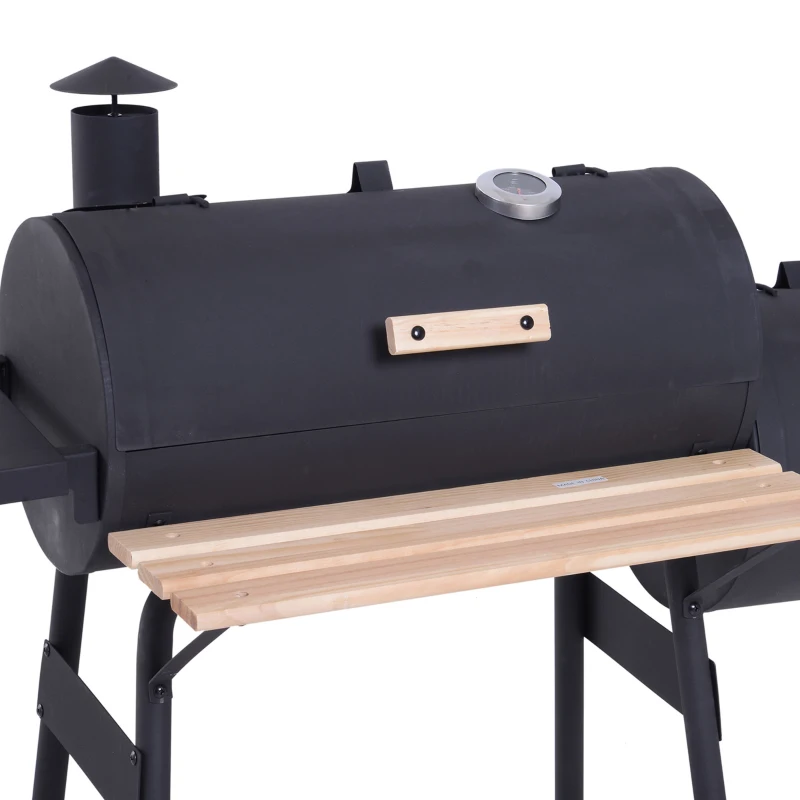 Outsunny Portable Charcoal BBQ Grill, Cold-rolled Steel, Solid Wood, 124Lx53Wx108H cm-Black