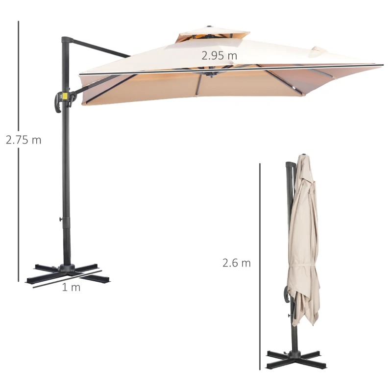 Outsunny Umbrela de Soare pentru Gradina 295x295cm Pivotanta la 360° cu Manivela, Umbrela de Soare cu brat cu Inclinare Reglabila, Kaki si Negru