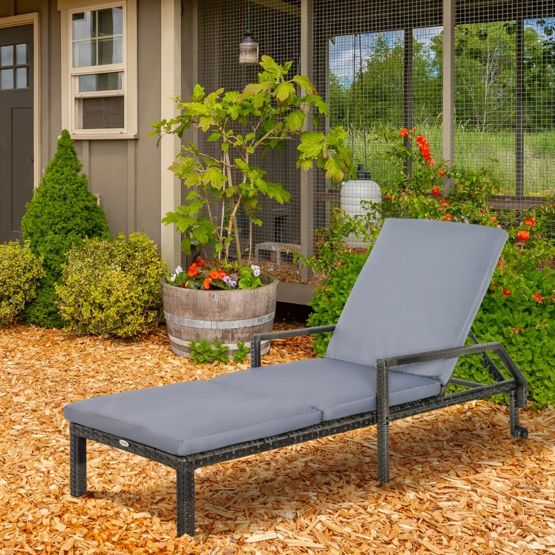 Outsunny Rattan Sun Lounger Outdoor Garden Furniture with 5-Level Adjustable Backrest 2 Wheels Mixed Brown/Grey
